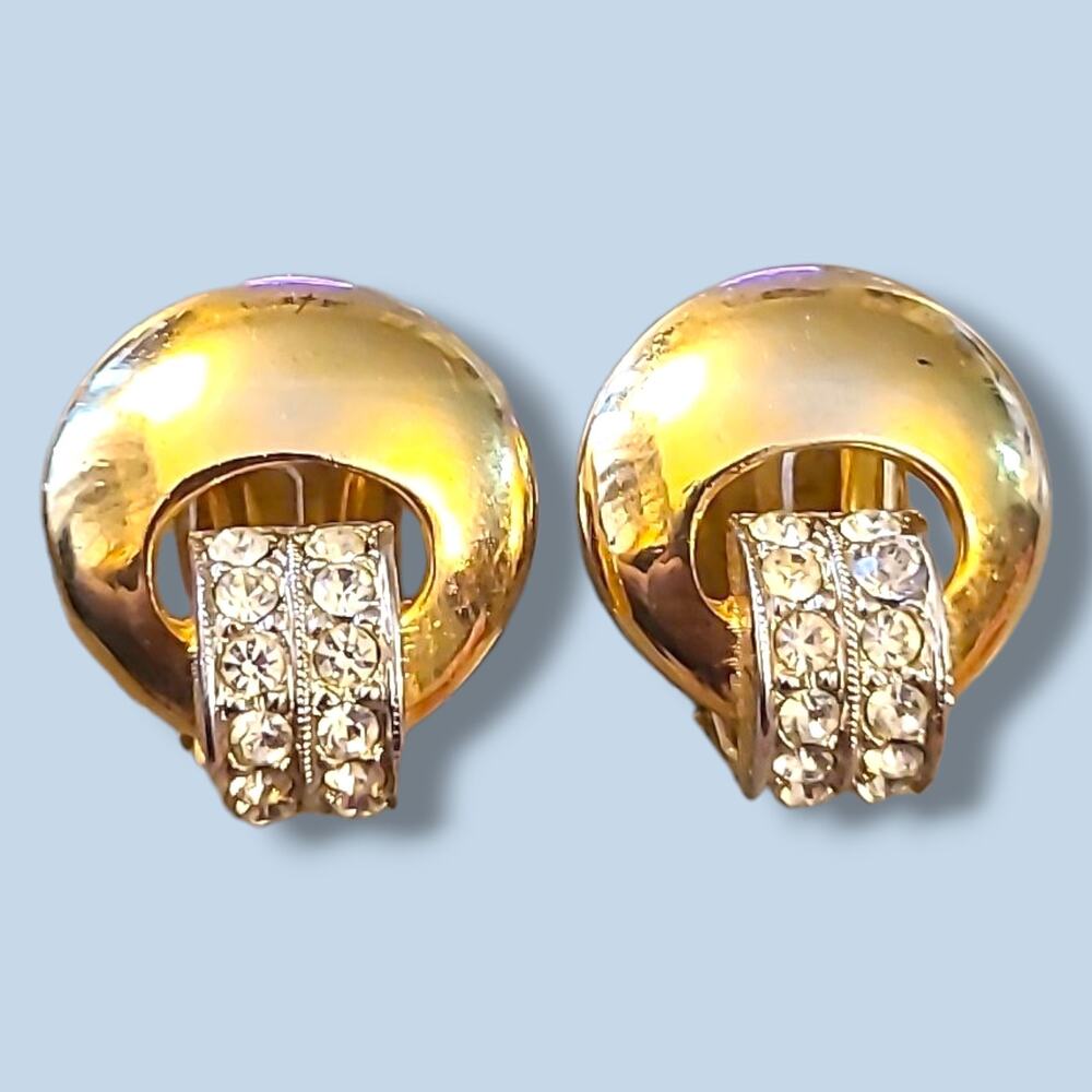 Vintage 90s Diane Von Furstenberg DVF Rhinestone Clip-on Earrings Gold Tone